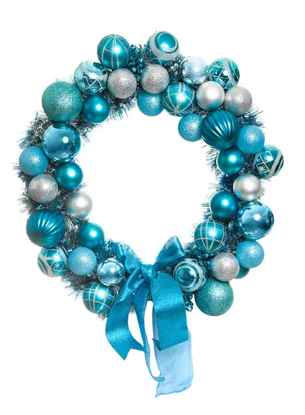 Decorated Balls Blue Christmas Wreath Isolated White Background — Stock Photo, Image