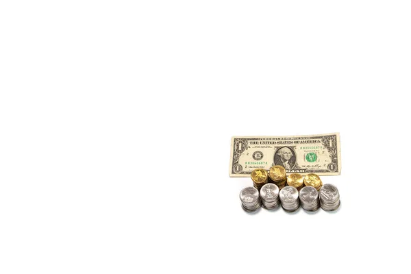 Pojedyncze Monety Papierowy Banknot Dolarowy Białym Tle — Zdjęcie stockowe