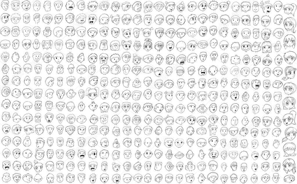 Big faces doodle drawings vector illustration set