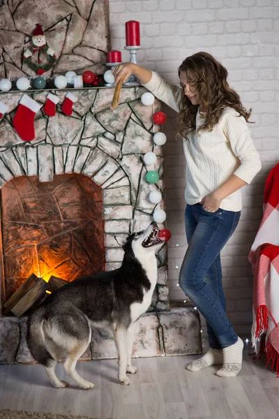 Teen girl with dog in a room decorated for Christmas