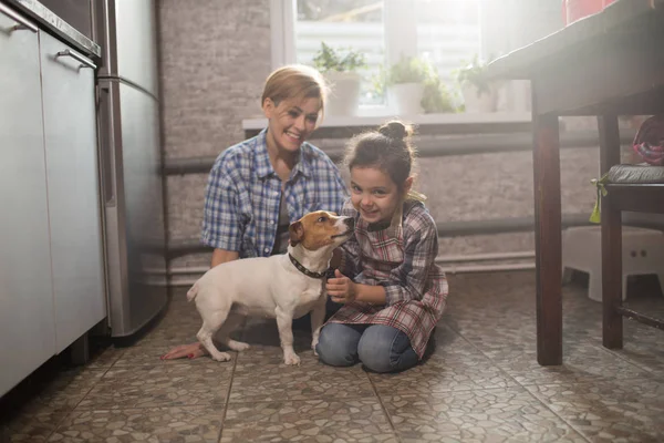 Mom and daughter play with the dog at home