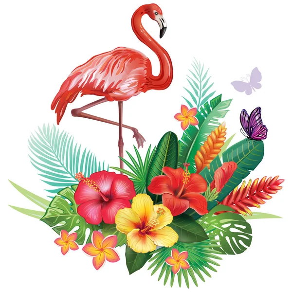 Arranjo Flores Tropicais Folhas Flamingos —  Vetores de Stock