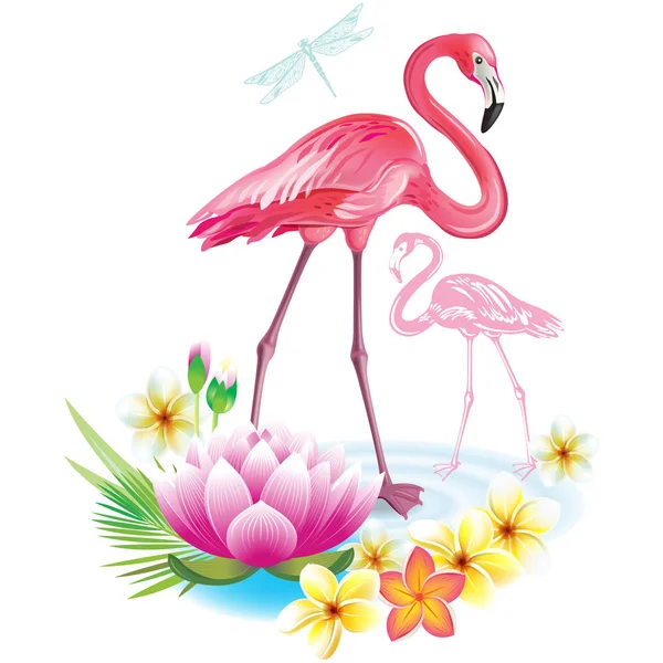 Arrangement Tropical Flowers Leaves Flamingoes — Stock Vector