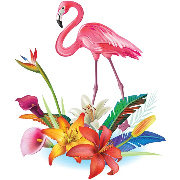 Arranjo Flores Tropicais Folhas Flamingos — Vetor de Stock