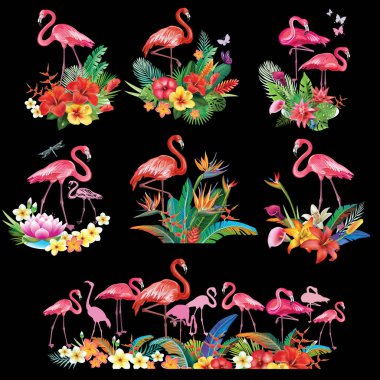 Tropik çiçekler, yapraklar ve flamingolar düzenleme