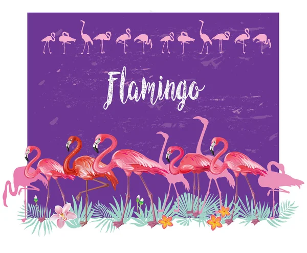 Fronteira Com Flamingo Plantas Folhas Tropicais —  Vetores de Stock