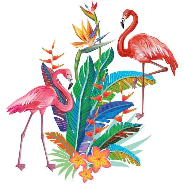 Фламинго Расположением Тропических Цветов Листьев — стоковый вектор