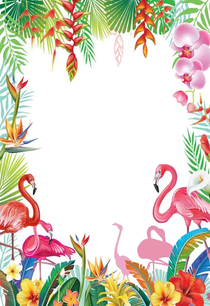 Frame Tropical Flowers Leaves Flamingoes — Stock Vector