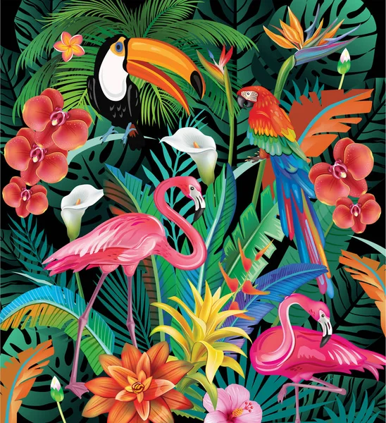 热带花卉的组成与鸟类 — 图库矢量图片