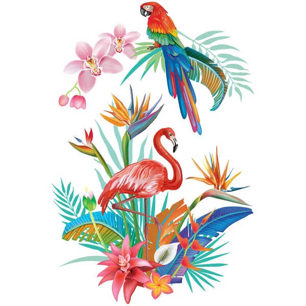 Sınır tropik çiçekler, yapraklar ve flamingolar