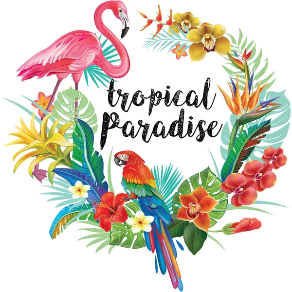 Fronteira Redonda Com Flores Tropicais Folhas Aves —  Vetores de Stock