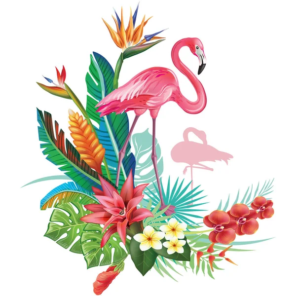 Tropische Sjabloon Voor Hoek Decoratie Met Flamingo Tropische Bloemen — Stockvector