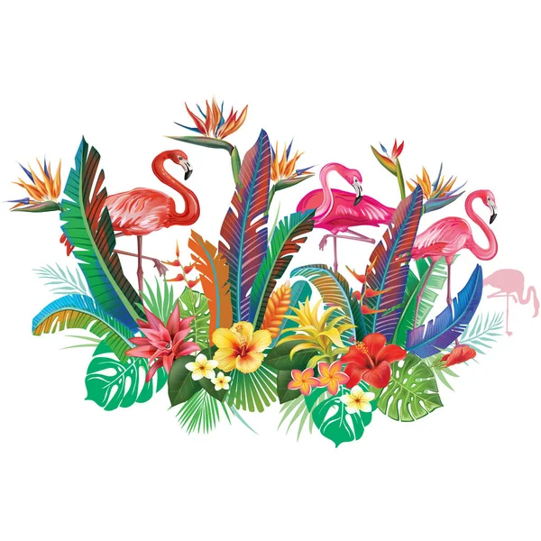 Template Tropical Flowers Leaves Flamingoes — Stock Vector