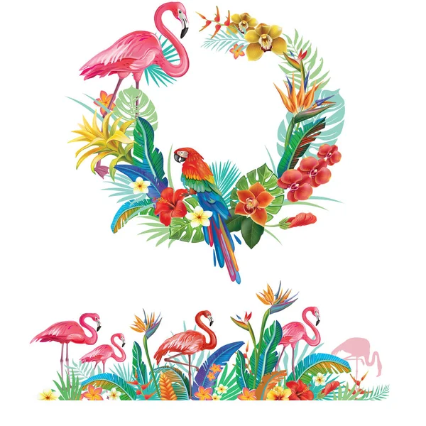 Frame Border Tropical Flowers Leaves Flamingoes — Stock Vector