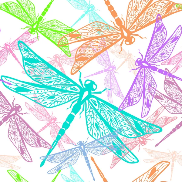 Nahtloses Muster Mit Farbig Stilisierten Libellen Auf Weißem Hintergrund — Stockvektor