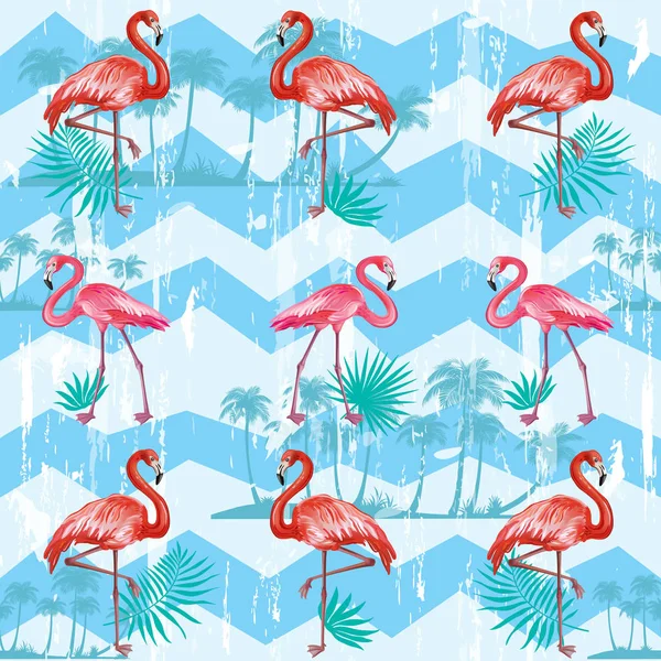 Seamless Pattern Flamingoes Leaves — Stock Vector
