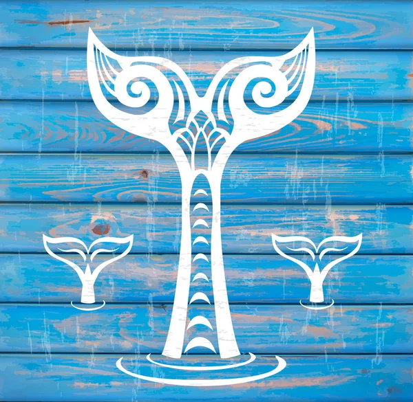 素朴な木製の青の背景に白いクジラ尾 — ストックベクタ