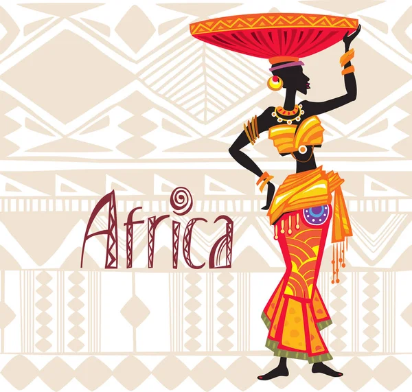 Hermosa Mujer Africana Negra Vestido Étnico Sobre Fondo Ornamento Tribal — Vector de stock