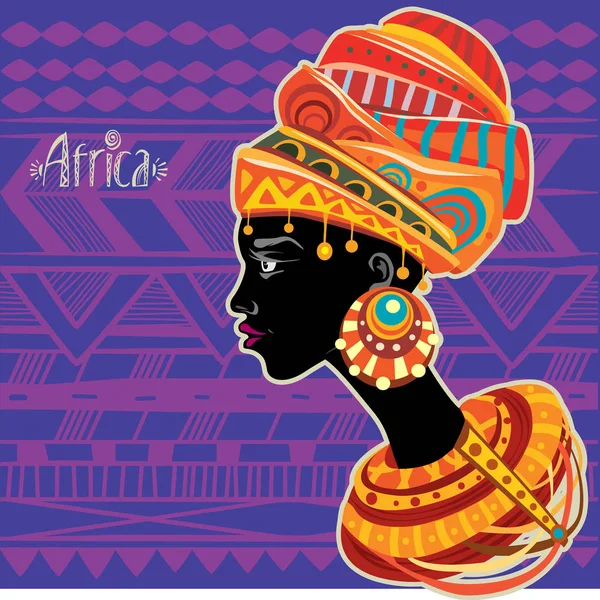 Retrato Mulher Africana Turbante Étnico Sobre Fundo Ornamento Tribal Tema — Vetor de Stock
