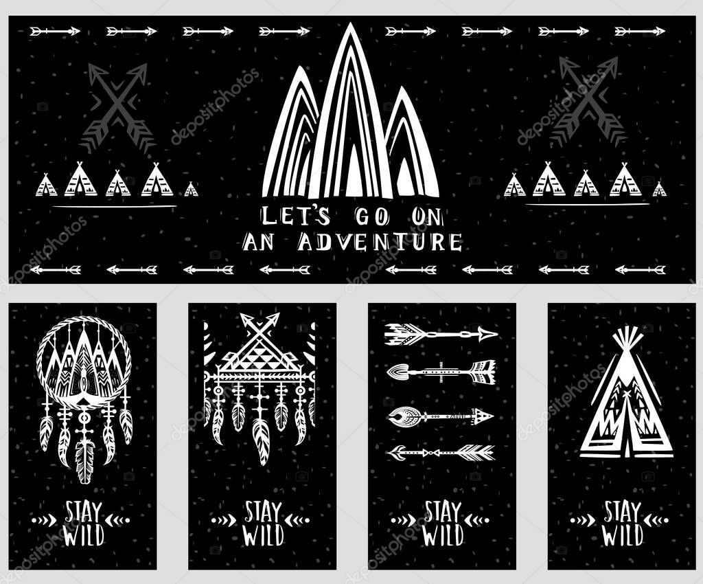 Collection of card templates on the theme of travel and adventure. Mountains. Ethnic, boho, tribe style. Suitable for T-shirt design, home decor elements, greeting and postal cards