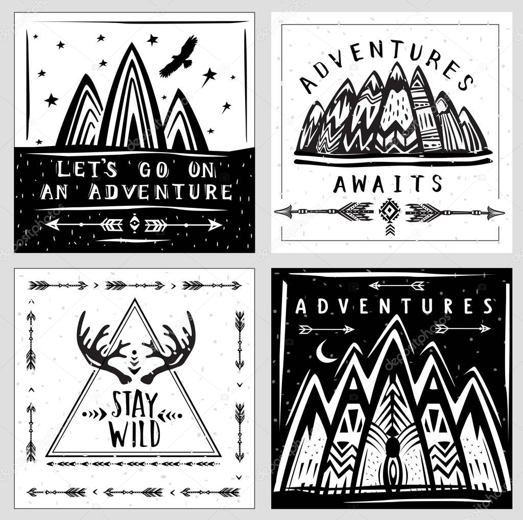 Collection of card templates on the theme of travel and adventure. Mountains. Ethnic, boho, tribe style. Suitable for T-shirt design, home decor elements, greeting and postal cards