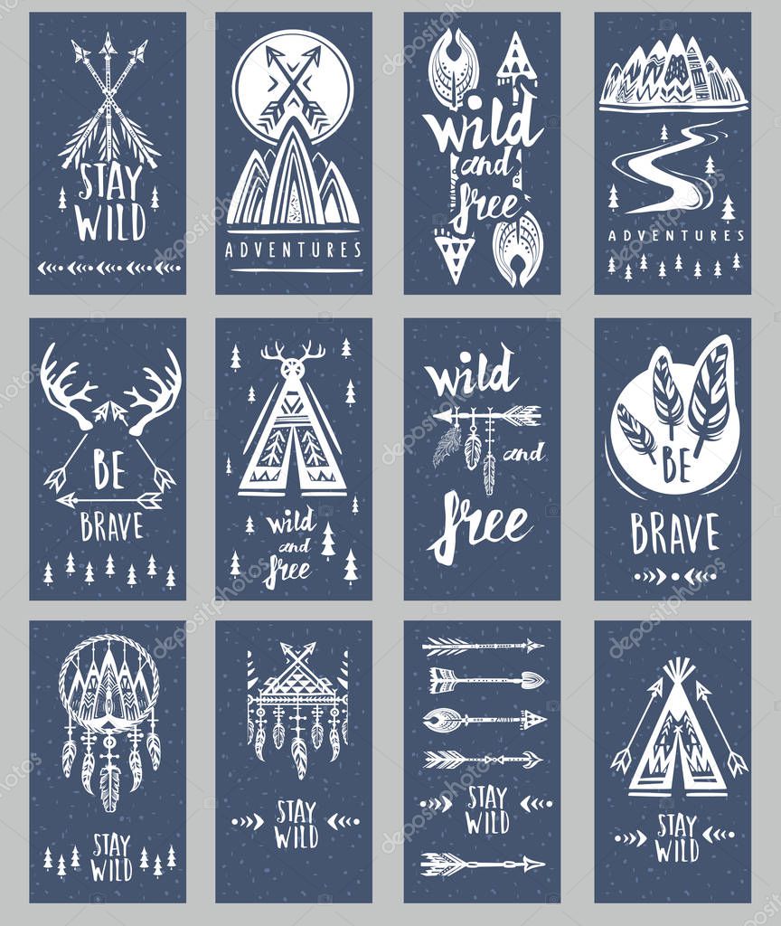 Mountains. Ethnic, boho, tribe style. Suitable for T-shirt design, home decor elements, greeting and postal cards