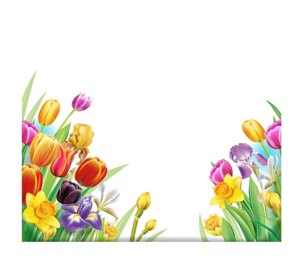 Buket Çok Renkli Bahar Çiçekleri Ile Köşe Kenar Çerçevelemek — Stok Vektör