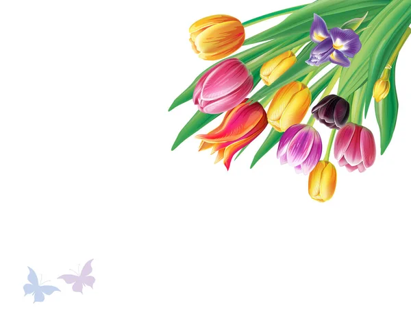 Buket Çok Renkli Bahar Çiçekleri Ile Köşe Kenar Çerçevelemek — Stok Vektör