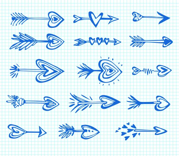 Doodle Setas Desenhadas Mão Com Corações Elementos Design Para Dia — Vetor de Stock
