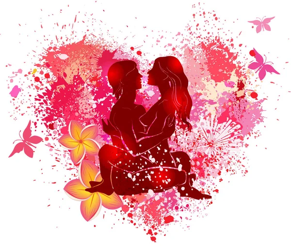 Pareja Practicando Tantra Yoga Sobre Fondo Grunge Forma Corazón — Vector de stock