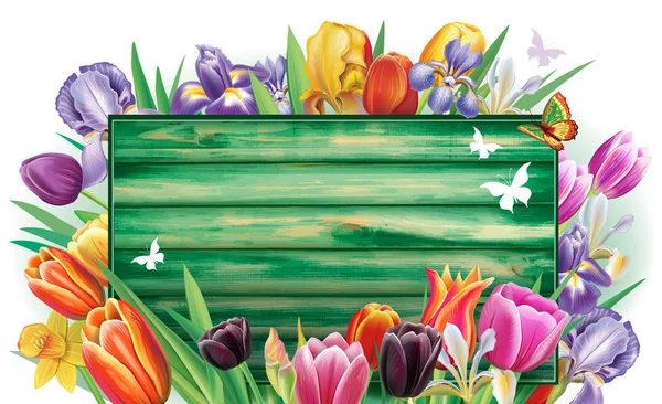 Banner con flores multicolores de primavera — Archivo Imágenes Vectoriales