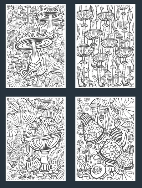 Mushrooms Coloring antistress book page — Stock vektor