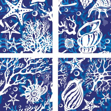 Dekoratif Kabuklar Corals Seastars ile Dikişsiz desenler seti