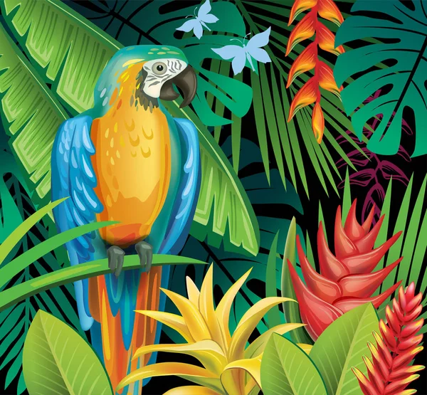 Фон з рослинами тропічних джунглів і папугою — стоковий вектор