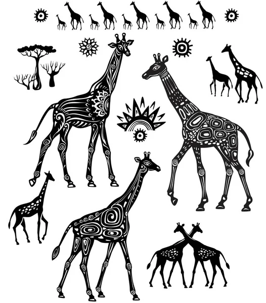 Ensemble de girafes stylisées de style ethnique — Image vectorielle