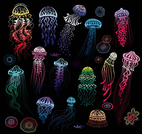 Conjunto de medusas de colores decorados — Vector de stock