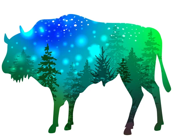 Siluet bison dengan hutan hijau - Stok Vektor