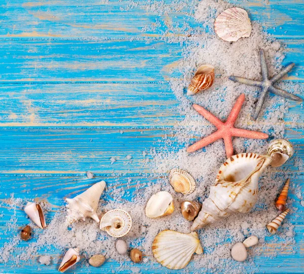 Eckrahmen Von Muscheln Und Seesternen Auf Blauen Holzplanken Kreatives Flaches — Stockfoto