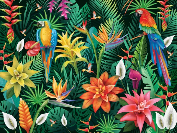 Tropischer Hintergrund Aus Tropischen Blumen Blättern Und Vögeln — Stockvektor