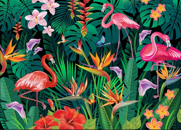 Fondo Tropical Flores Tropicales Hojas Flamencos — Archivo Imágenes Vectoriales