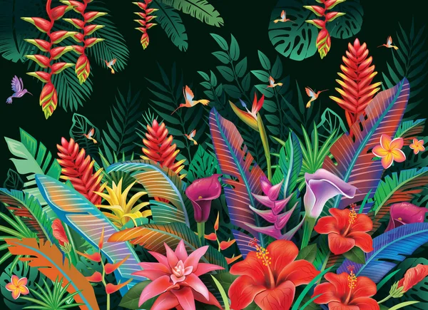 Fondo Tropical Flores Tropicales Hojas Colibrí — Vector de stock