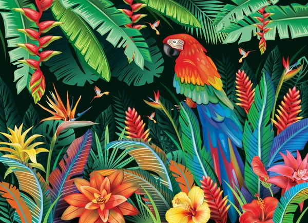 Fondo Tropical Flores Hojas Loro — Archivo Imágenes Vectoriales