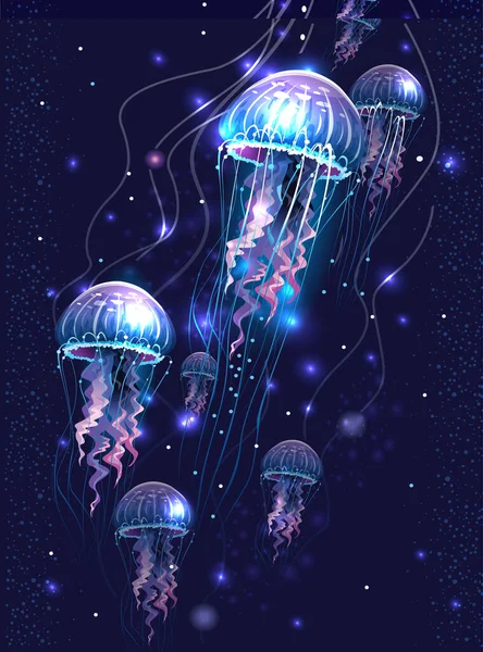 Background Glowing Vivid Transparent Underwater Jellyfishes — Stock Vector