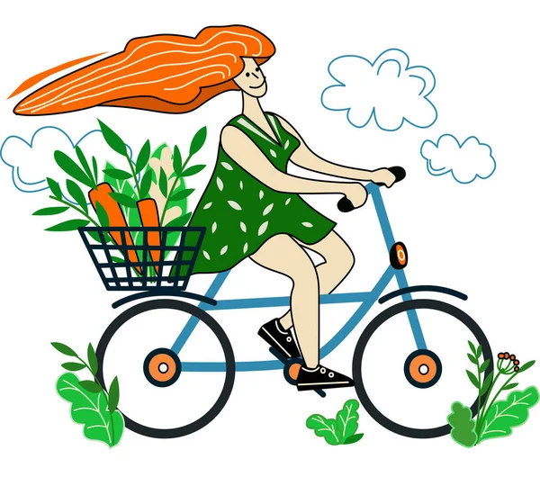 Girl Riding Bike Eco Food Farm Flat Vector Illustration — Stock Vector