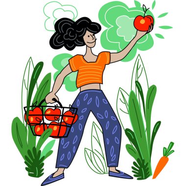 Kadın, yerel organik üretim çiftlikten eko gıda hasat ediyor