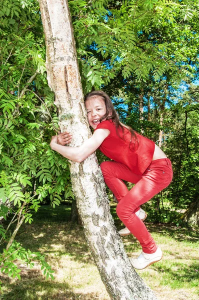 Piccola Ragazza Carina Arrampicata Sull Altezza Dell Albero — Foto Stock