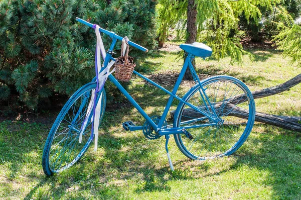 Vintage Roweru Niebieski Ozdobny Stojącej Ogrodzie — Zdjęcie stockowe