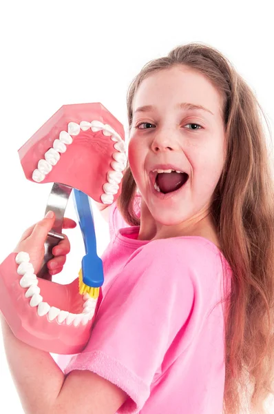 Muestra Niña Feliz Cómo Cepillarse Los Dientes —  Fotos de Stock