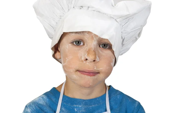 Little Funny Baker Making Dough Kitchen — Stock Photo, Image