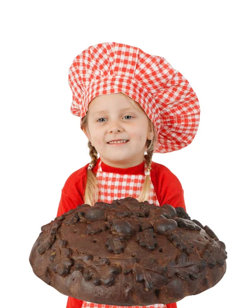 Bambino Felice Con Mano Pezzo Pane Isolato Bianco — Foto Stock